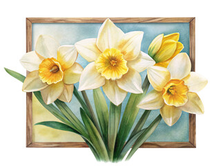 Beautiful Watercolor Painting of Daffodils in a Wooden Frame for Springtime Decor