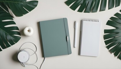 Top view of a grey notebook mockup with  workspace accessories and a palm leaf on a white table.