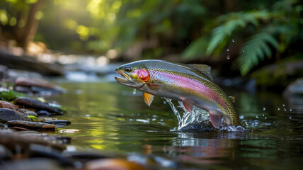 Fototapeta premium Realistic rainbow trout jumping out of a river, dynamic water splashes, photorealistic pencil sketch