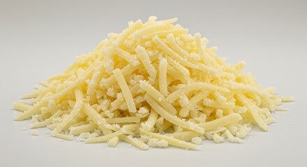 Pile of shredded cheese on a white surface food ingredient dairy product.