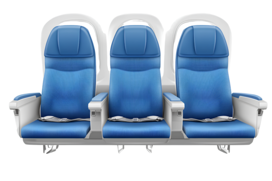 A realistic airplane seat with blue seats and white armrests, isolated on a transparent background