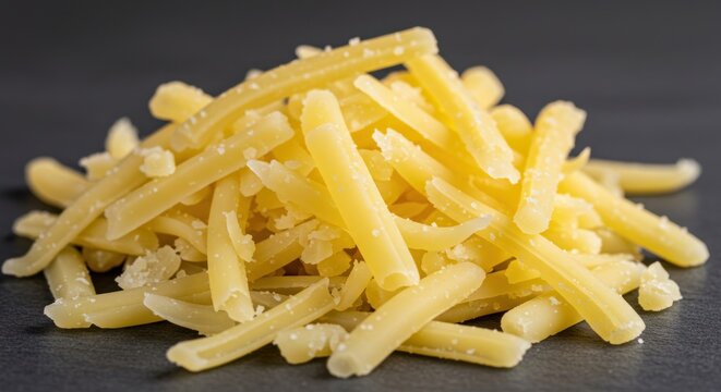 Pile of shredded yellow cheese on a gray surface close up.