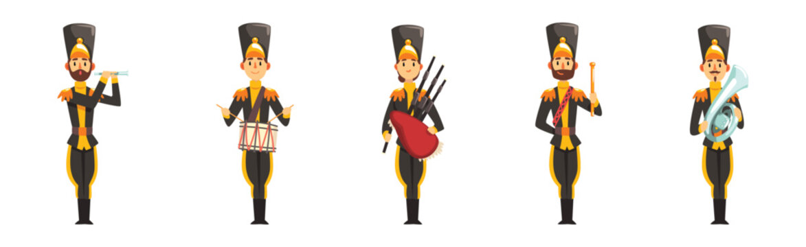 Man and Woman Band Member in Parade Uniform Playing Musical Instrument Vector Set