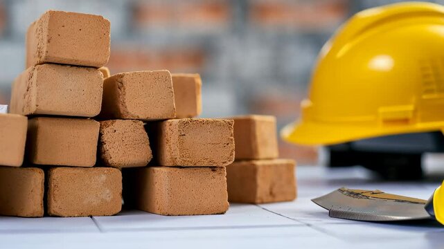 A pile of bricks and a hard hat on a table. The bricks are stacked in a pyramid shape