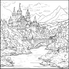 Obraz premium Tudor style Castle coloring book design, Tudor style Castle illustration art