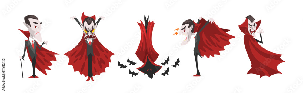 Poster count dracula character with fangs wearing red cape vector set