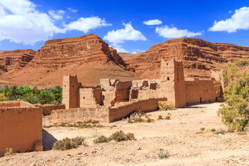 Ziz Valley, Morocco. Stunning desert views with ancient kasbah architecture and rich history, High Atlas mountains, North Africa.