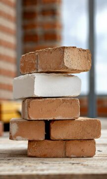 A pile of bricks with a white brick on top. The white brick is placed on top of the other bricks, creating a visually appealing and stable structure. The bricks are of different sizes and colors