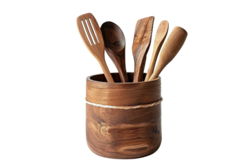 Rustic wooden utensils displayed in a handcrafted holder, perfect for a cozy kitchen setting during meal preparation isolated on transparent background