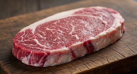 Prime Ribeye Steak: Rustic Wood, Rich Marbling, Gourmet Appeal