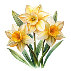 Watercolor Illustration of Three Daffodils with Lush Green Leaves on White