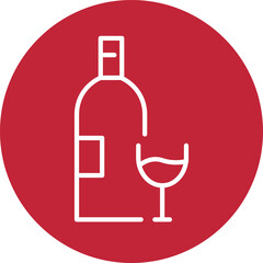 White Line Wine Bottle and Glass Icon on Red Circle Background
