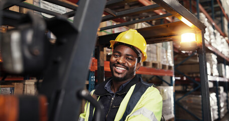 Warehouse, logistics and black man in portrait with forklift, supply chain or shipping for distribution. Factory, male person and worker with machine for driving, delivery or manufacturing with smile