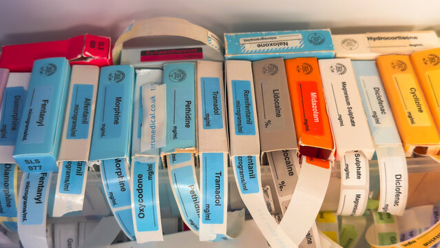 London, UK. April 02 2025. A drawer of colour-coded drug labels in a hospital, used for quickly identifying medications like morphine, fentanyl, lidocaine, and midazolam during clinical procedures.
