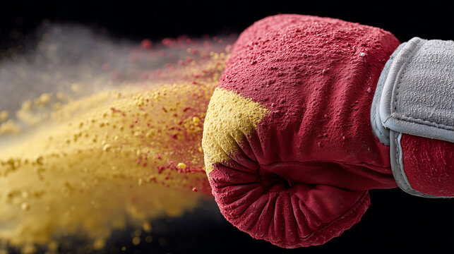 Punch of Impact: Dynamic shot of a red boxing glove delivering a powerful punch, dispersing a cloud of yellow dust, symbolizing intense energy and forceful action. 
