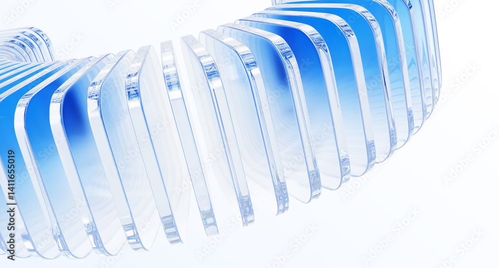 Poster 3d light blue background with row of glass transparent square plates. Abstract curve wave line pattern. Crystal array of geometric block shapes render. Futuristic design digital tech. 3D illustration
