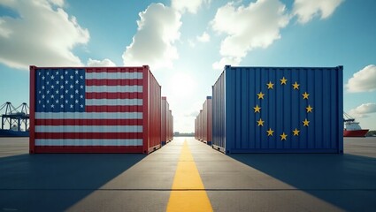 Containers with USA and EU flags facing each other, symbolizing economic rivalry and international trade conflict