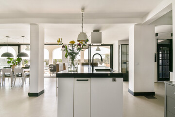 Spacious kitchen featuring a minimalist design with ample natural light, sleek furniture, and open access to dining and living areas, ideal for contemporary living.