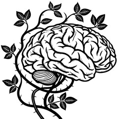 Intricate Brain Design Wrapped in Vines and Leaves for T-shirt or Tattoo Inspiration