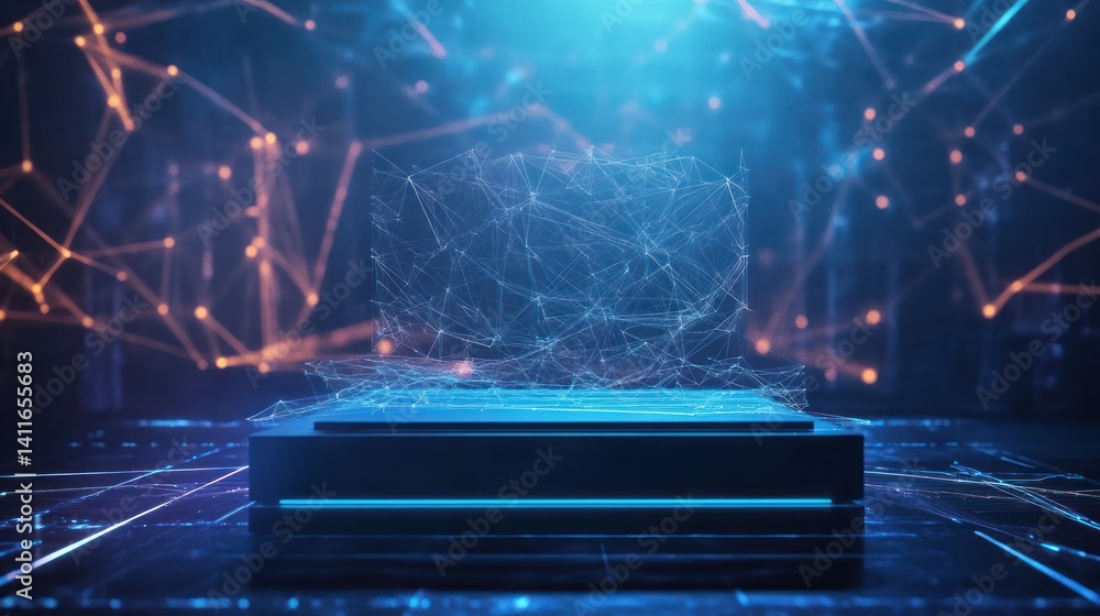 Poster futuristic technology platform showcase with abstract digital network overlay
