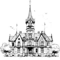 Fototapeta premium Blueprint design of Town hall, Town hall line art vector image