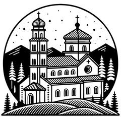 Mountain Church Scene with Pine Trees and Night Sky for Nature Art and Tattoo Design