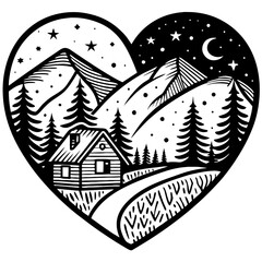Mountain Landscape Heart with Cabin and Pine Trees for Nature Lovers and Outdoor Enthusiasts