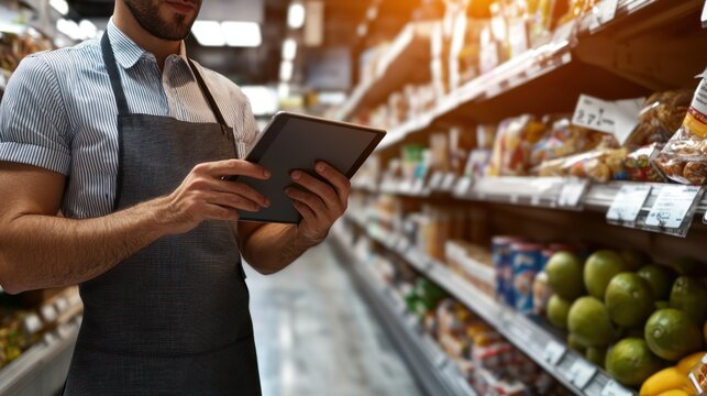 Grocery store employee using tablet, inventory, aisles full of produce and snacks.  Possible use stock photo for supermarket, retail, technology, and business articles