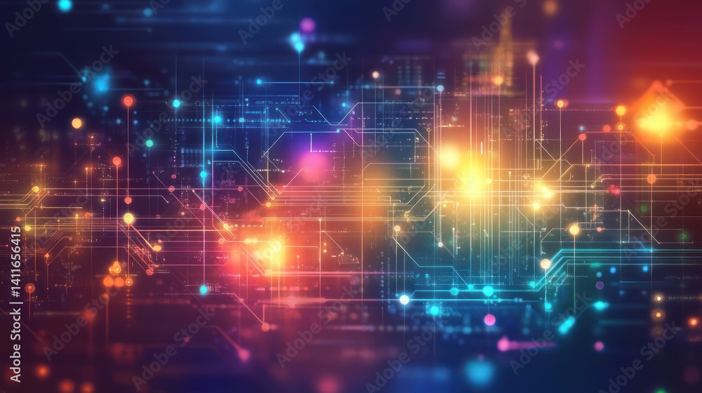 Poster abstract high-tech circuit board network visualization with glowing light accents
