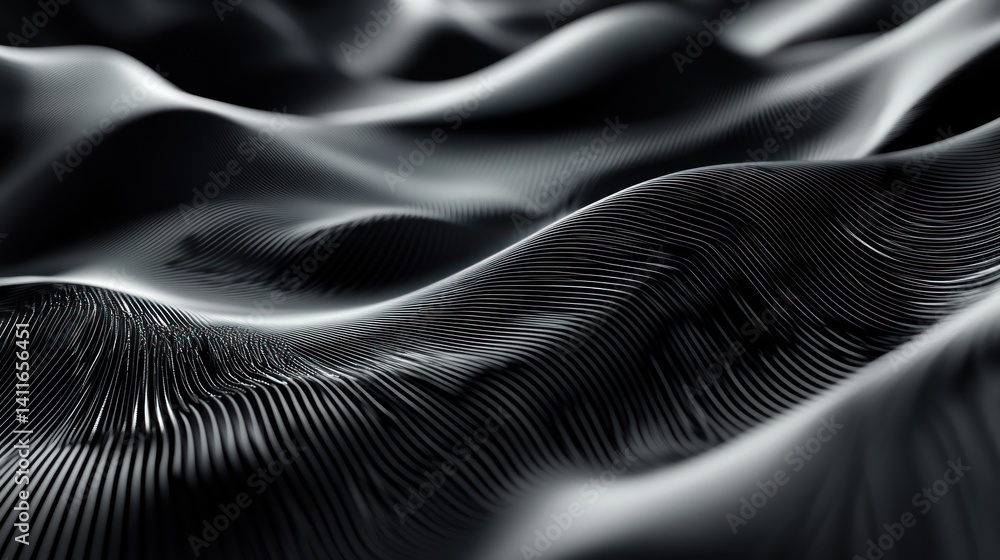 Poster sinuous black and white metallic abstract waves with rhythmic line patterns