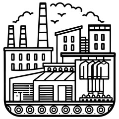 Industrial Cityscape with Factories Buildings and Conveyor Belt for Manufacturing Visualization