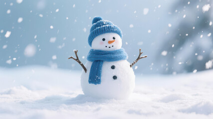 On Christmas, a snowman stood on the snow, looking very cute and warm.