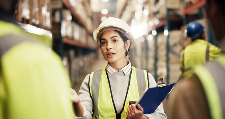Logistics, colleagues and woman with clipboard, teamwork and discussion with info and quality...