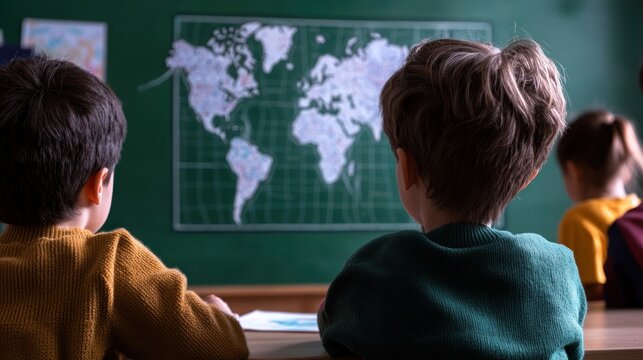 Elementary school students attentive to world map lesson