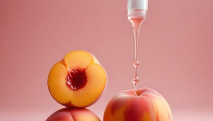 Pipette and liquid close-up on a peach-colored background, selective focus. Collagen, hyaluronic acid for skin care. Laboratory research and development of body care cosmetic