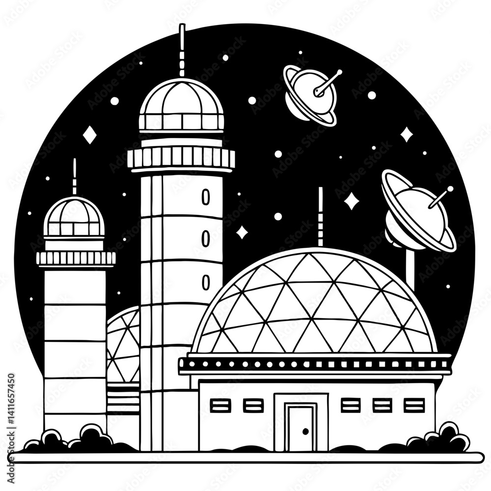 Poster futuristic observatory with telescopes and planets in outer space for art designs and prints