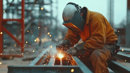 A welder working on a metal structure at a construction site. Featuring skill and precision