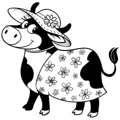 Charming Cartoon Cow in Floral Dress and Sun Hat Perfect for Kids Coloring Book and Crafts