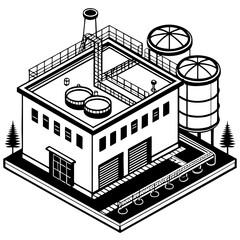 Industrial Factory Building with Water Tanks and Chimney Isometric Vector Illustration