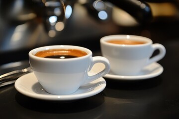 Obraz premium Two Espresso cups with coffee. Freshly brewed espresso shots on a dark wooden table with copy space, background, caffeine. Espresso cups, spoons, saucers. Refreshing hot cup of strong coffee at a cafe