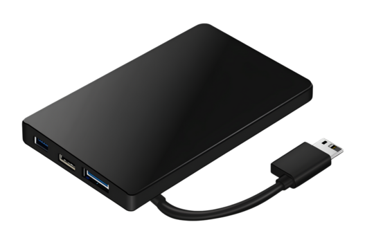 Black solid hard drive with a Type-C cable, on a transparent background