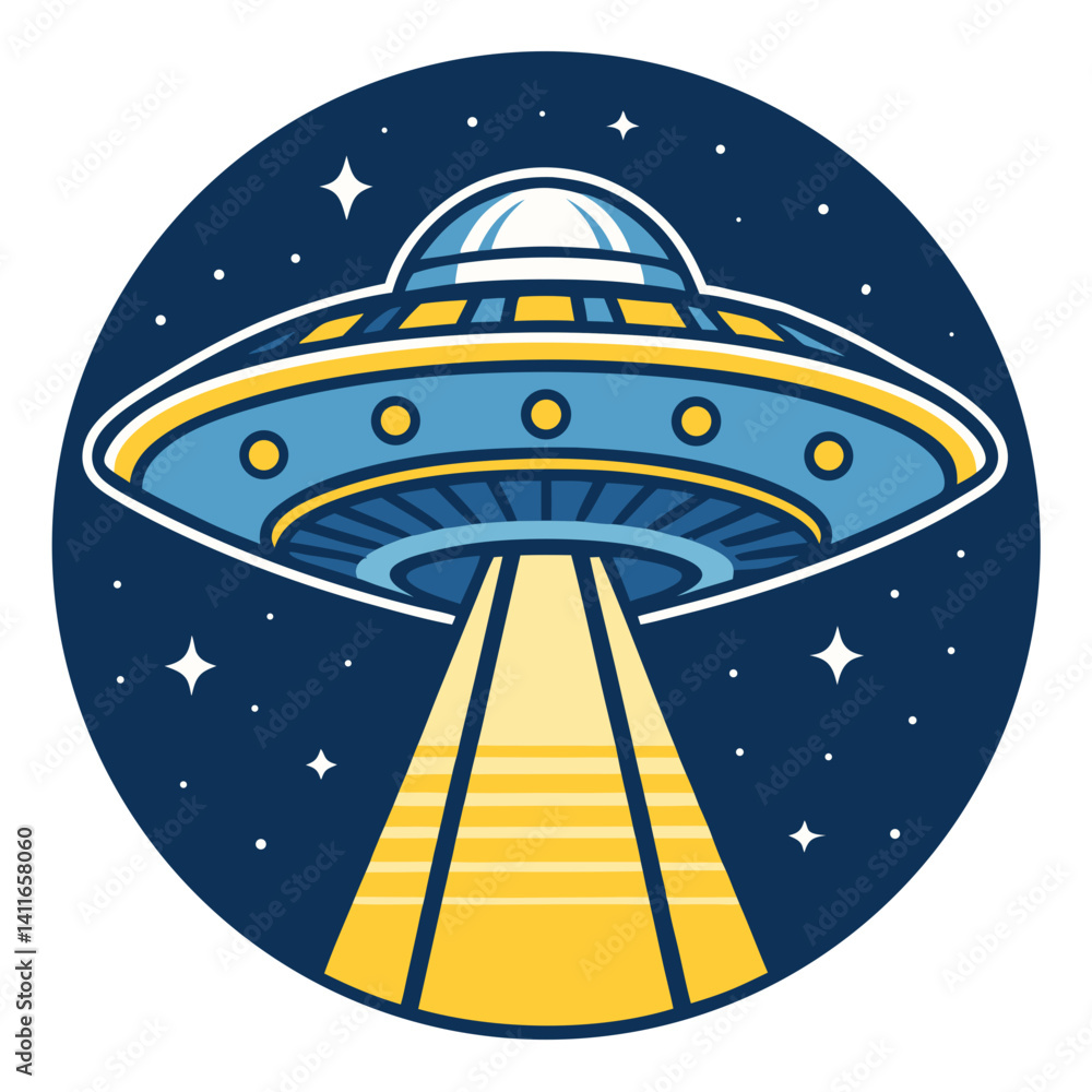 Poster ufo spaceship with bright beam of light and stars in outer space for creative projects