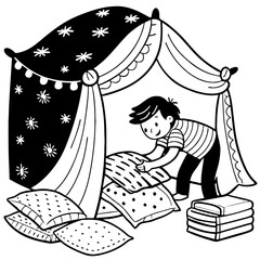 Boy Building Cozy Blanket Fort with Pillows and Decorative Canopy for Playtime Adventures