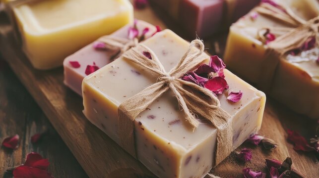 Handcrafted soaps adorned with rose petals and twine.