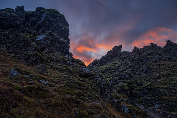 Iceland in september 2019. Great Valley Park Landmannalaugar, surrounded by mountains of rhyolite and unmelted snow. In the valley built large camp. Evening in september 2019
