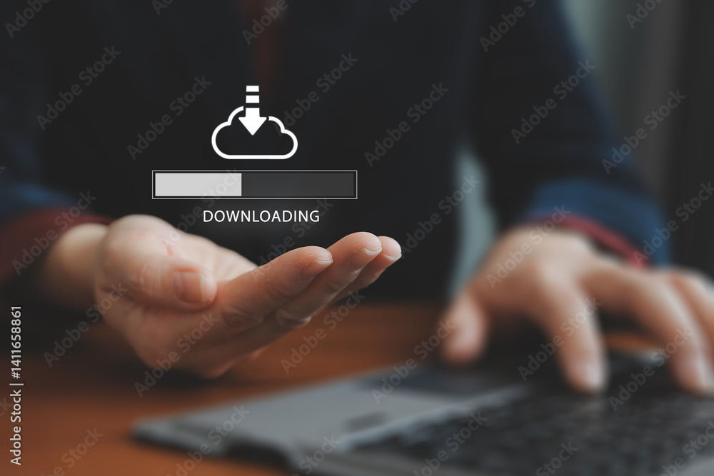 Poster download processing data concept. downloading data from cloud storage. person using laptop with down