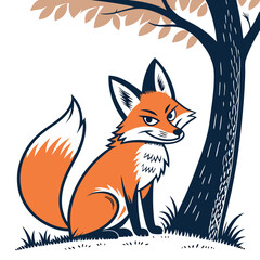 Fototapeta premium Cute Orange Fox Sitting Near a Tree Ideal for Illustrations and Children's Products