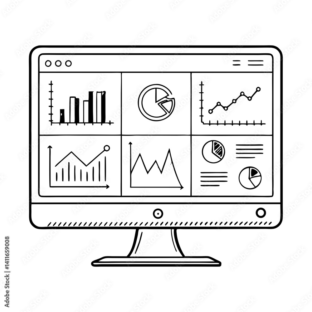 Poster data visualization graphs and charts on computer screen for business analysis