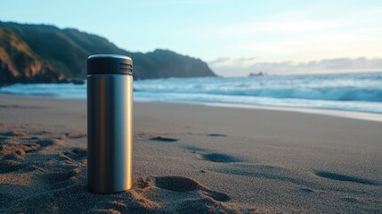 Reusable water bottle on tranquil beach at sunset, promoting sustainability