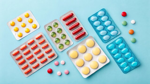 There are various medications on a blue background, including multicolored capsules and tablets. This image reflects the variety of drugs used in medicine and pharmaceuticals.